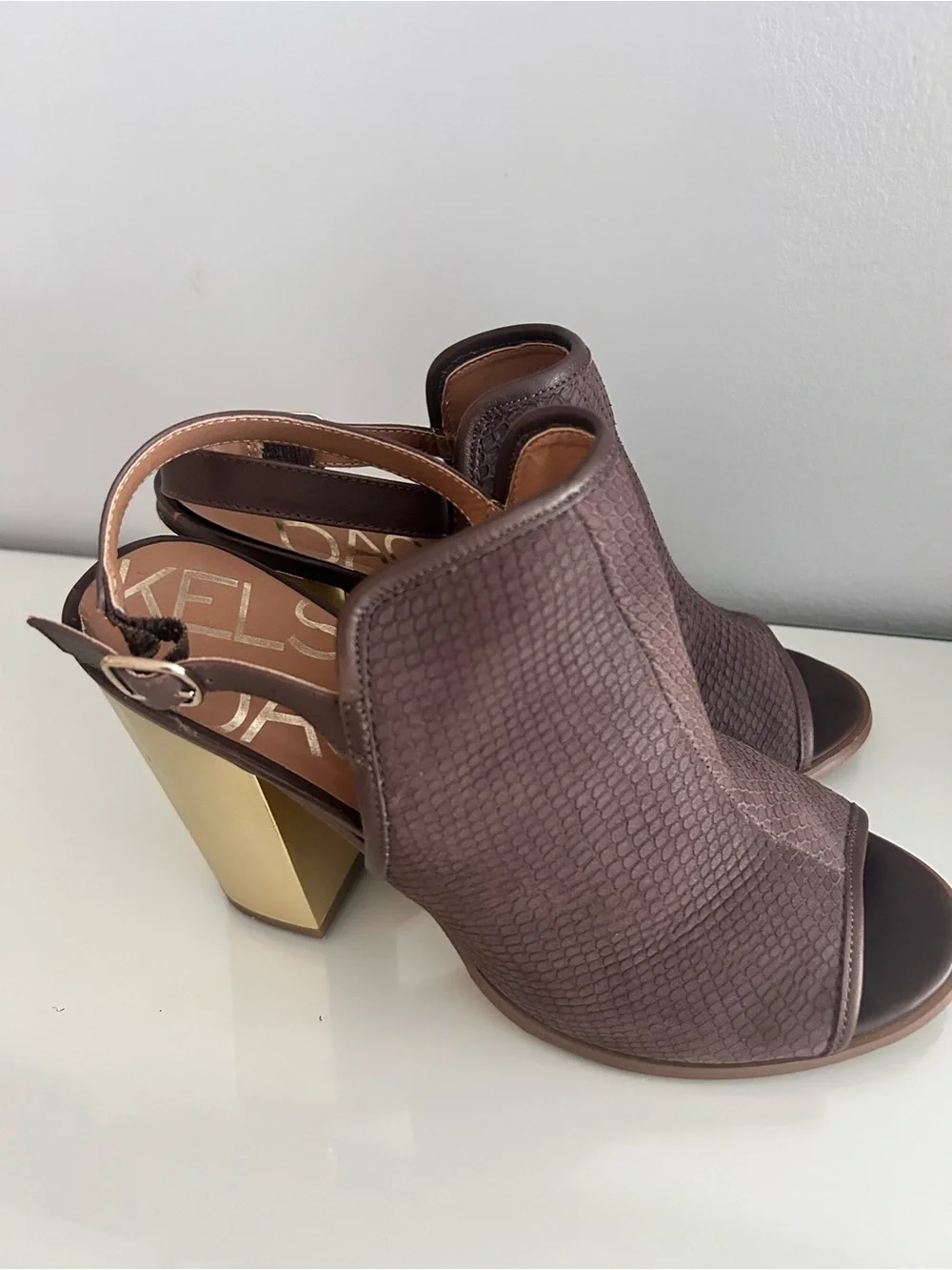 Kelsi Dagger Brown Slingback Heels with Gold Block Heel